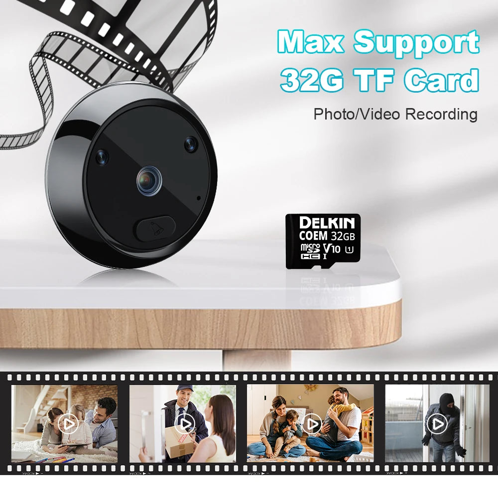 Black round digital door peephole camera with integrated doorbell button, plus a 32GB memory card for recording.