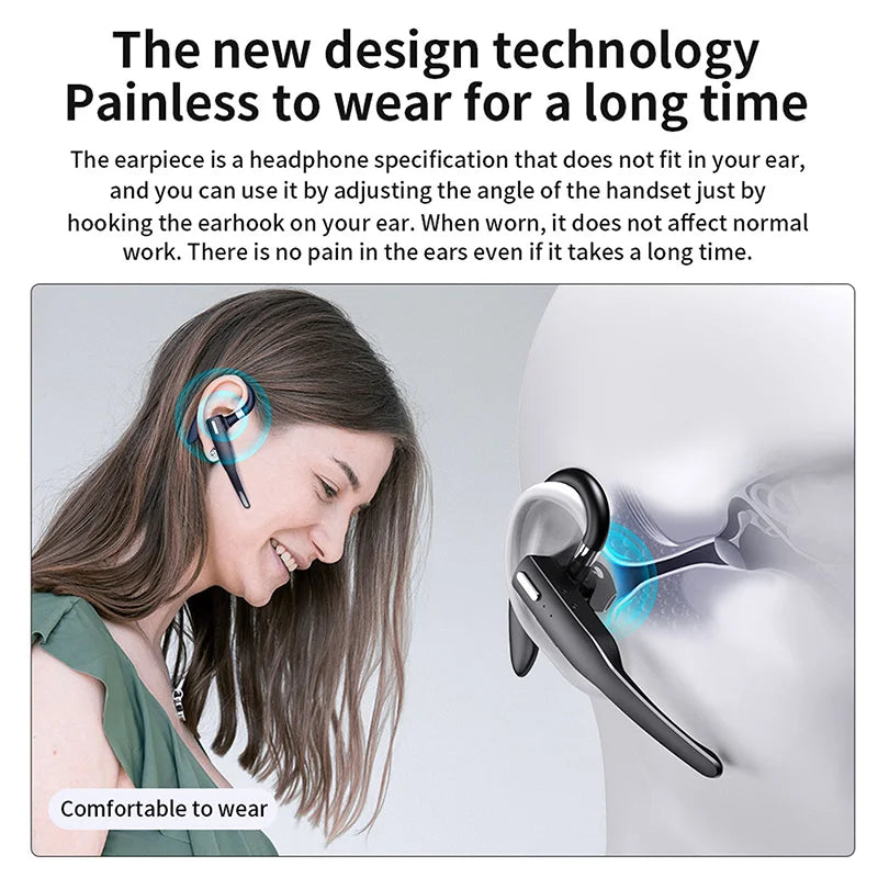 Black, over-ear wireless Bluetooth headphones with an ergonomic, comfortable hook design for long-term wear.