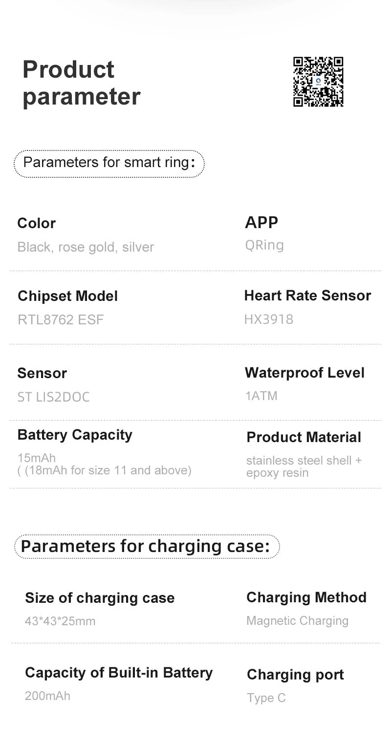 Product specification table for a smart health ring, available in black, rose gold, or silver.