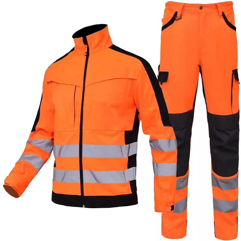 High-visibility orange and black work jacket and trousers with reflective stripes and utility pockets.