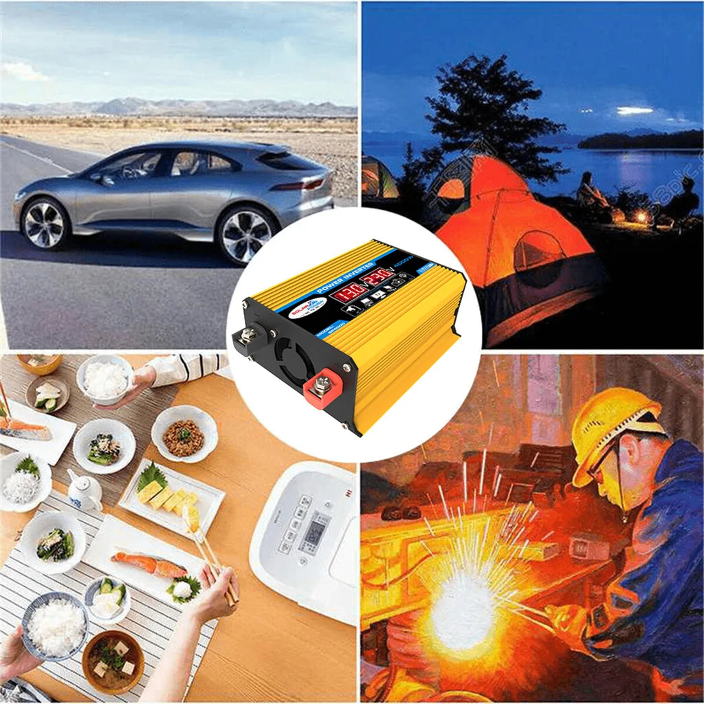 Yellow 4000W DC to AC power inverter with digital display, showing various usage scenarios like camping and travel.
