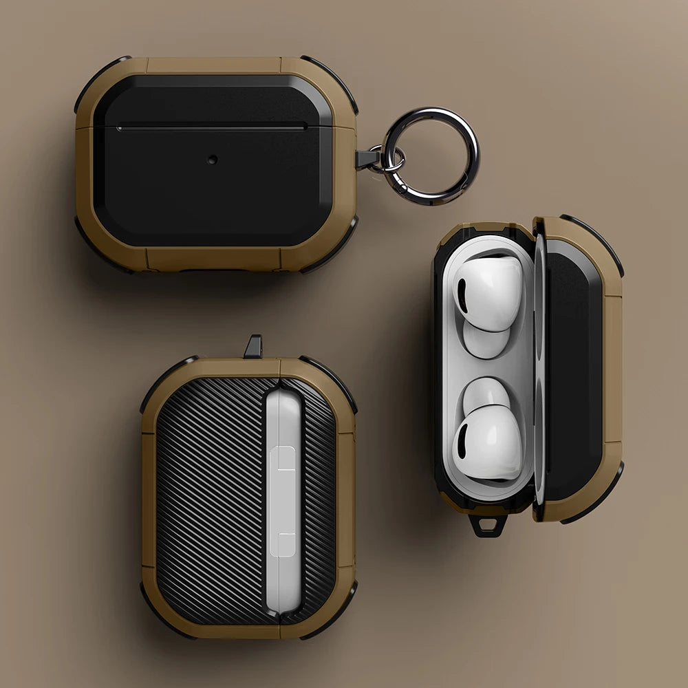 Rugged khaki and black carbon fibre case for Apple AirPods Pro, featuring a secure metal carabiner clip.