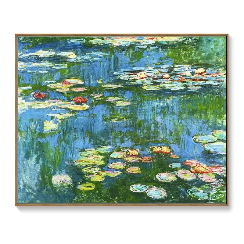 Decorative meter box cover featuring an Impressionist-style water lily pond painting in shades of blue and green.
