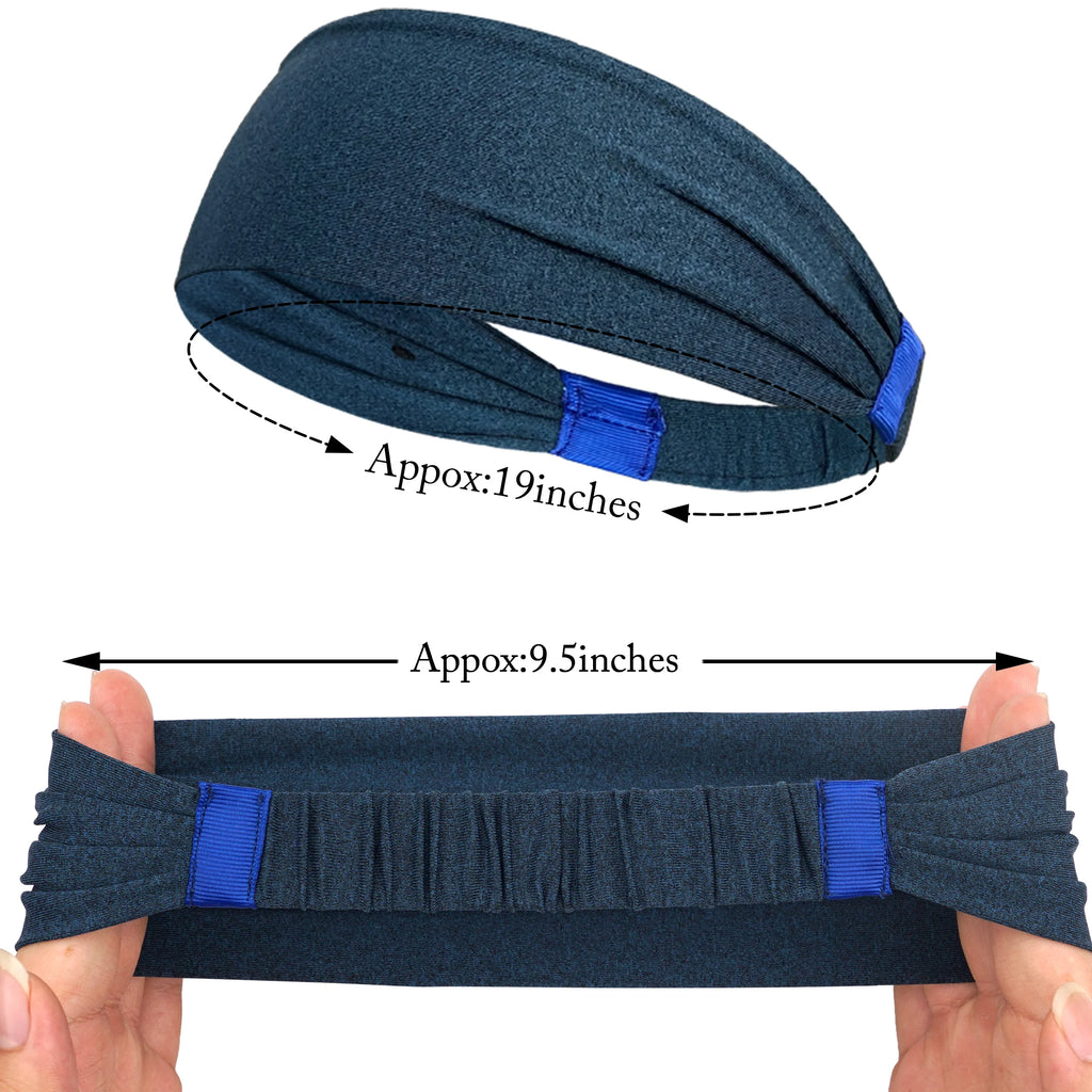Dark blue ruched fabric headband with bright blue elasticated sections and size measurements displayed.