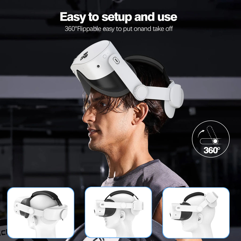 White adjustable VR headset strap with 360-degree flip design, worn by a man for easy on and off.