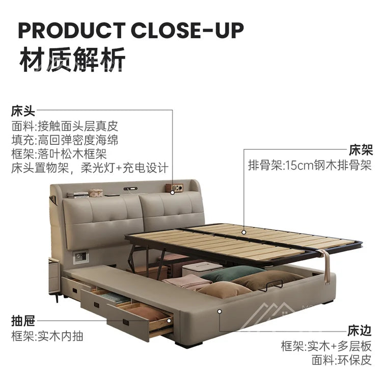 Modern cream upholstered storage bed with integrated headboard shelving, LED lighting, and under-bed storage drawers.