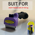 Purple and black cat de-shedding tool with a metal comb, next to its original retail packaging.