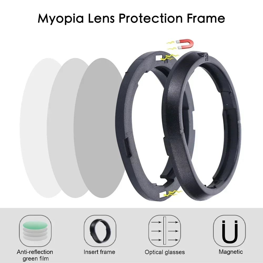 Black magnetic VR prescription lens frames for Meta Quest 3 with anti-reflective optical glass layers.