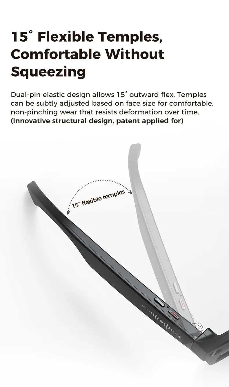 Black smart glasses featuring flexible 15-degree temple hinges for a comfortable, adjustable fit.