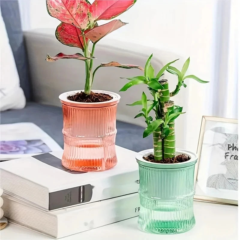 Two transparent, ribbed self-watering planters in pink and green, each holding a small plant, sit on stacked books.