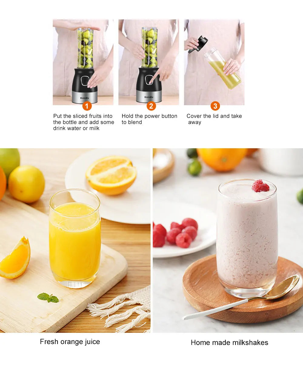 Portable black and silver personal blender with travel bottle, showing three-step usage and prepared fruit drinks.
