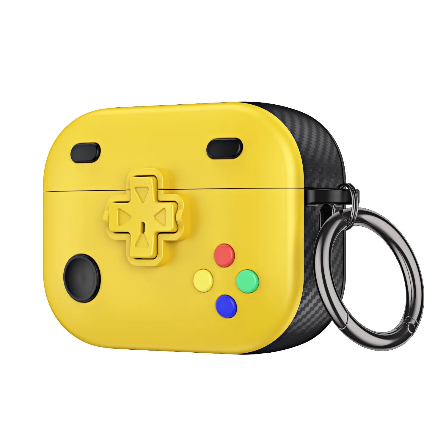 Yellow retro game controller case for AirPods Pro with black carbon-fibre effect side and keyring clip.
