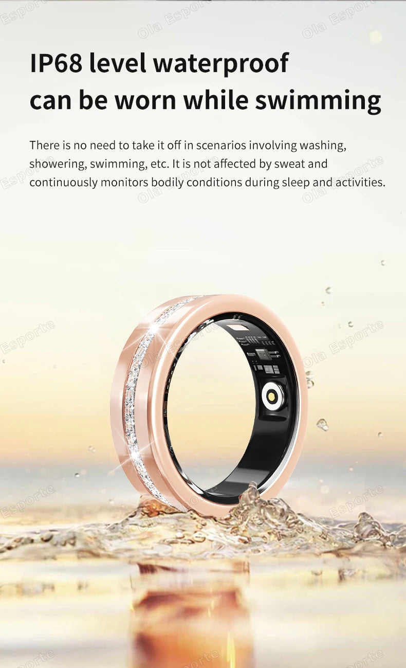 Rose gold smart fitness ring with a sparkling crystal band, featuring an internal health sensor, above water.