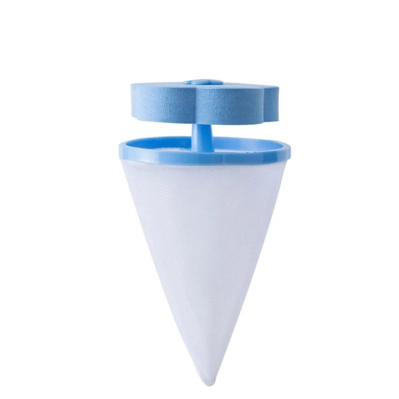 Blue laundry lint catcher with a flower-shaped foam float and a white mesh cone filter.