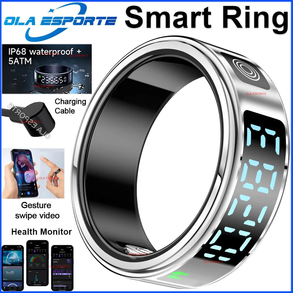 Silver smart ring with a digital touch display, health tracking features, charging cable, and smartphone app interface.