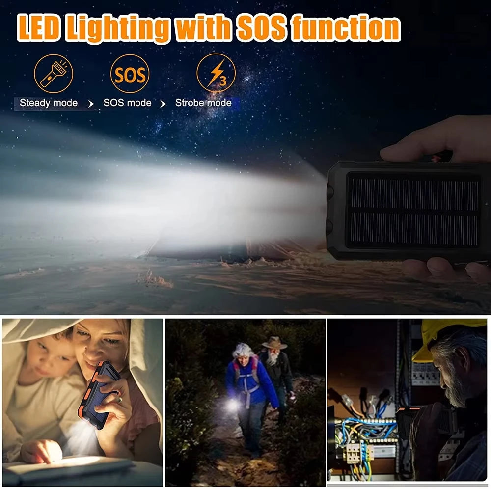 Black solar power bank with built-in LED torch, featuring steady, SOS, and strobe light modes for outdoor use.