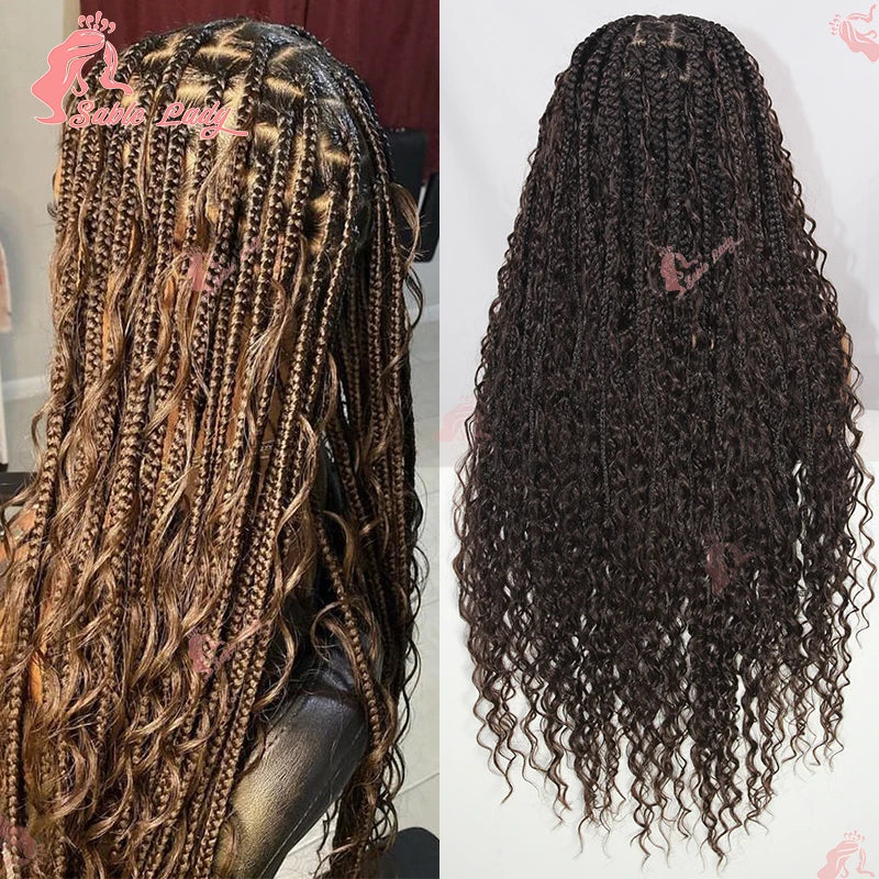Long knotless box braided wig in brown and blonde with curly ends, shown from the back in two views.