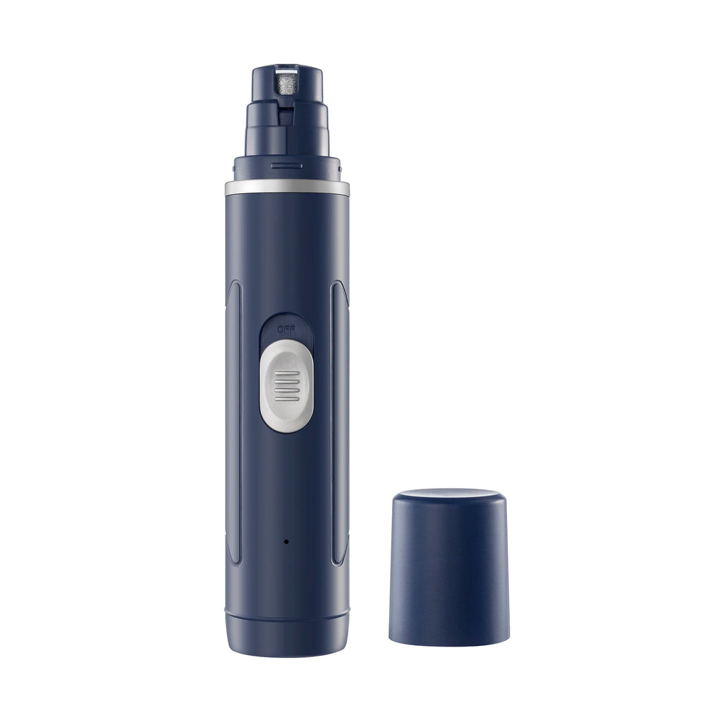 Navy blue electric pet nail grinder with a silver power switch, metal grinding head, and matching protective cap.