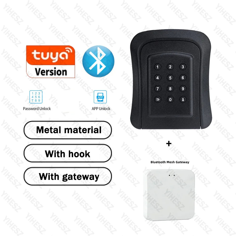 Black metal digital keypad lock with Bluetooth, app unlock, and a white Bluetooth mesh gateway.