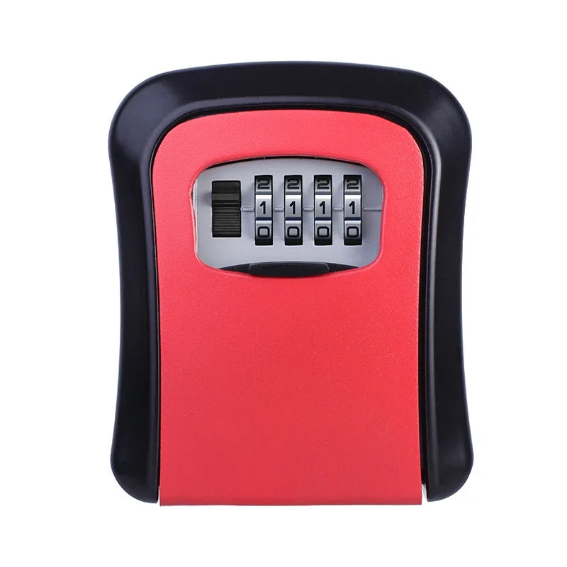 Red and black wall-mounted metal key lock box with a four-digit resettable combination dial.