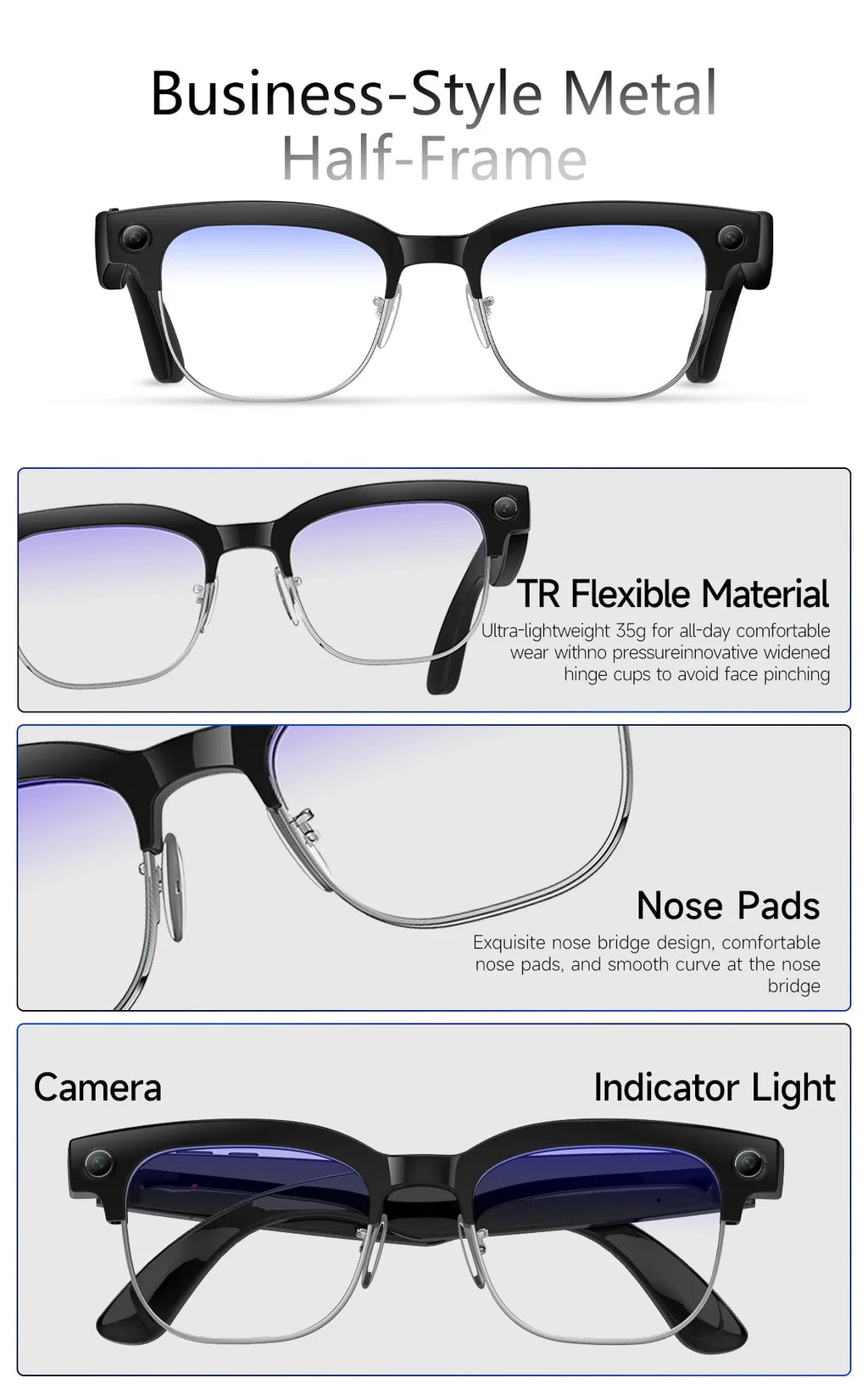Black half-frame smart glasses with an integrated camera, blue-tinted lenses, adjustable nose pads and flexible arms.