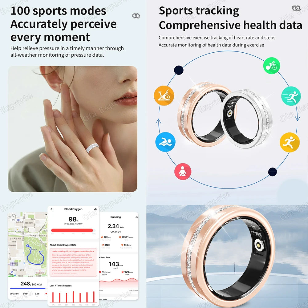 Sleek rose gold and silver smart fitness rings on a person’s finger, showing health tracking and app data features.