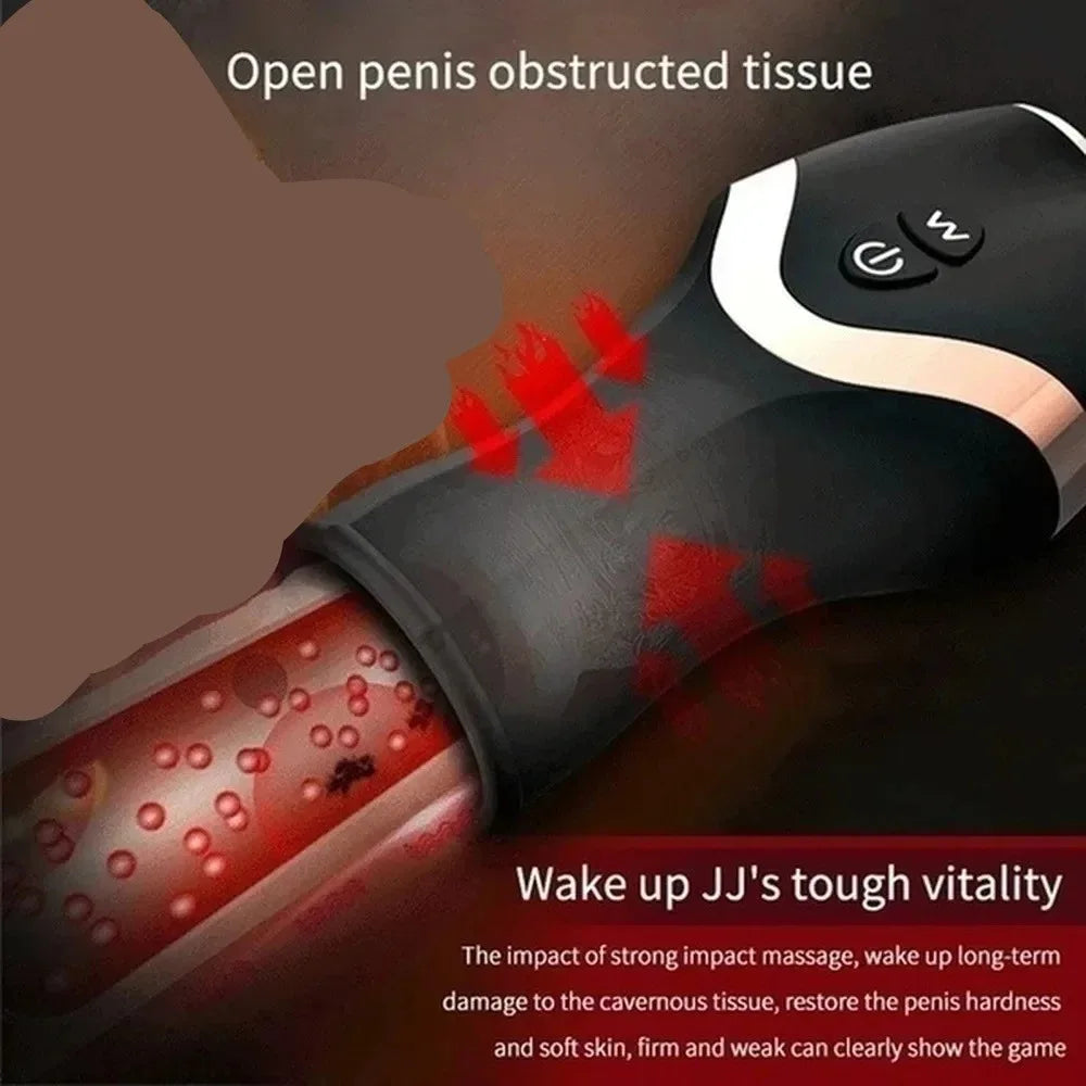 Sleek black automatic masturbation cup with a textured inner sleeve, control buttons, and 12 vibration modes.