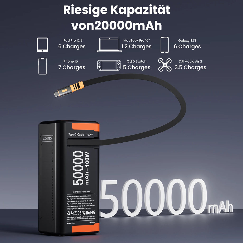 Black 50,000mAh portable power bank with integrated 100W USB-C cable, highlighting high-capacity multi-device charging.
