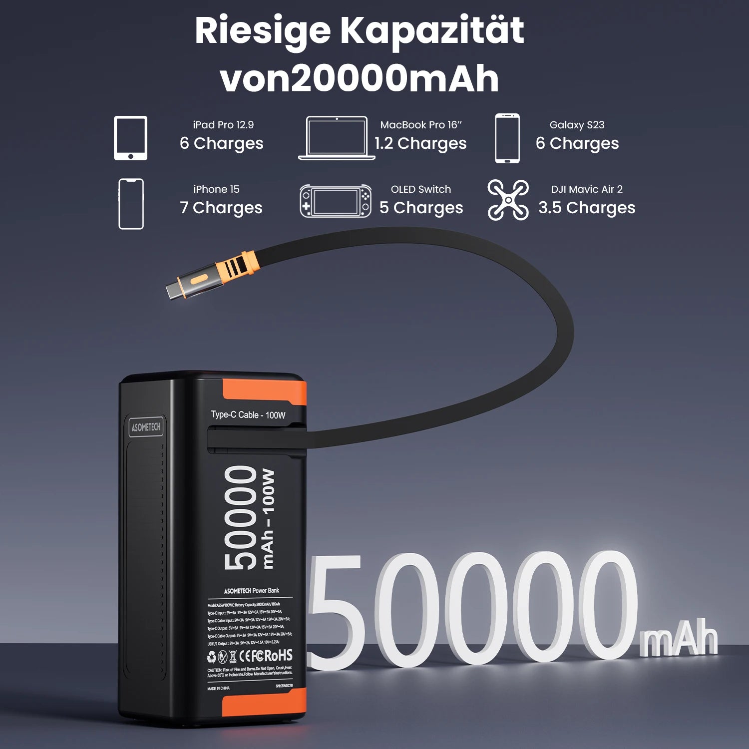 Black 50,000mAh portable power bank with integrated 100W USB-C cable, highlighting high-capacity multi-device charging.