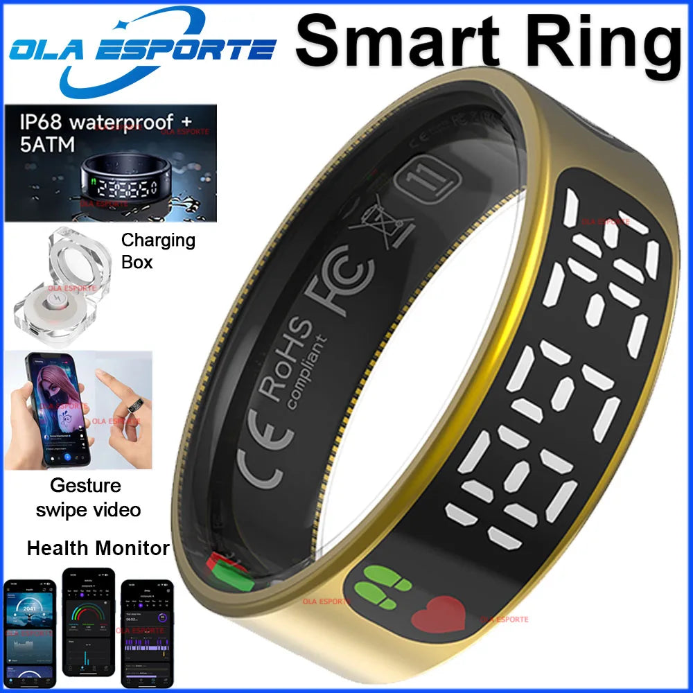 Gold smart ring with a digital touch display, health tracking icons, charging case, and smartphone app features.