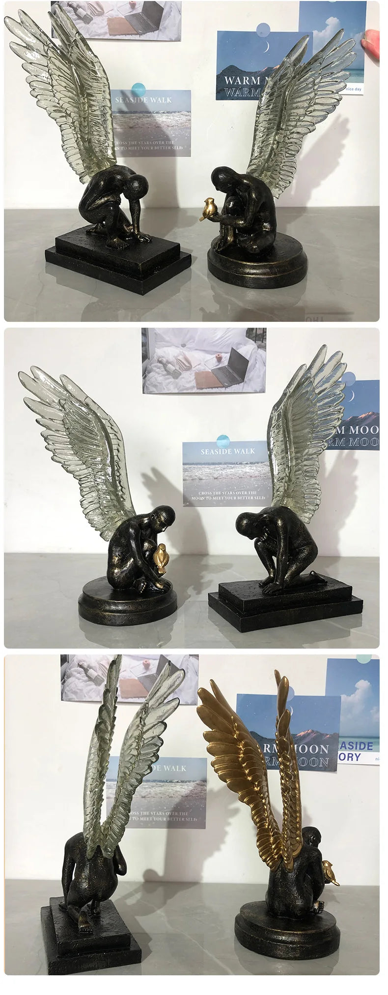Bronze-finish kneeling angel statues with large, textured wings, each holding a small gold bird on a steady base.