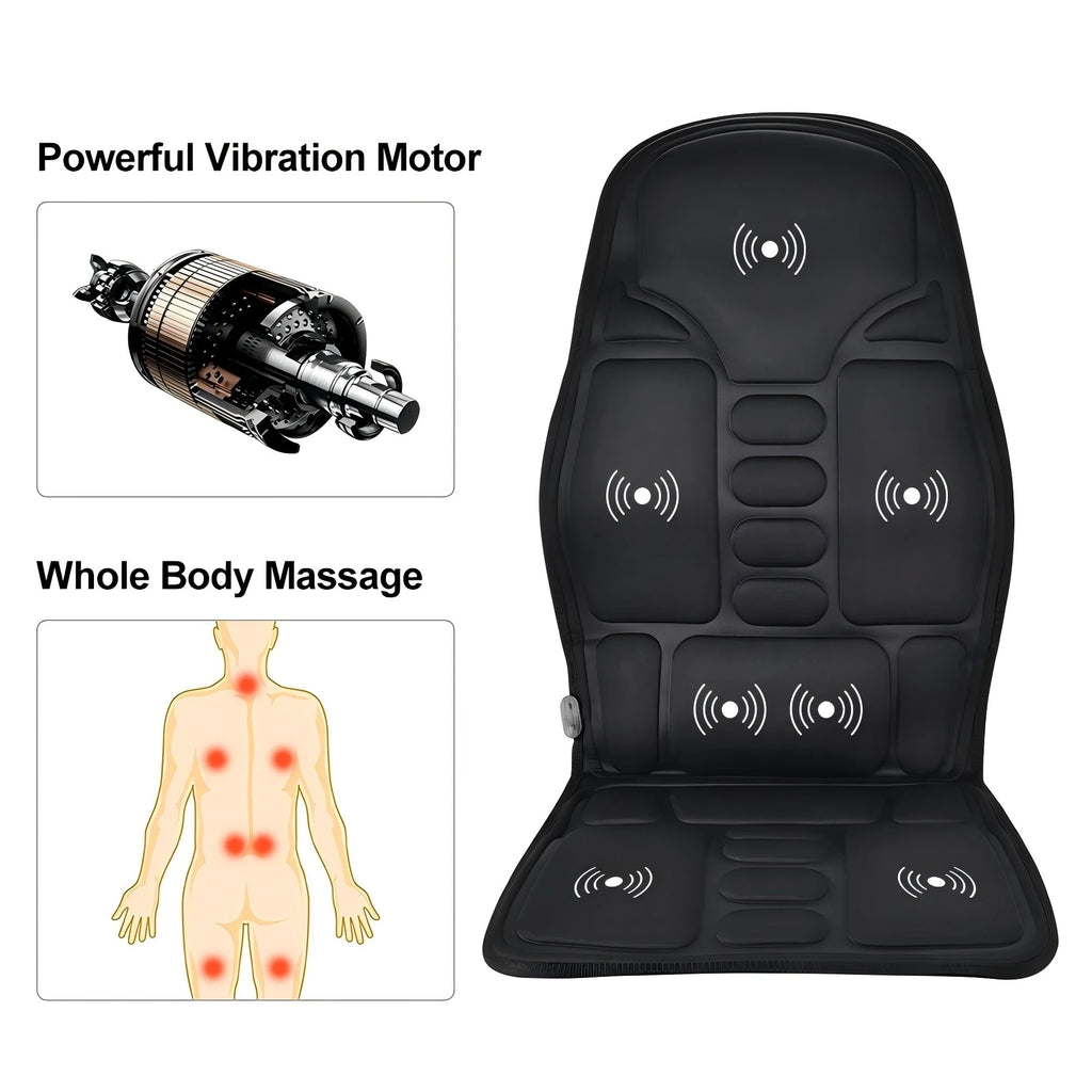 Black multifunctional massage seat cushion with vibration zones and heating, suitable for home and car use.