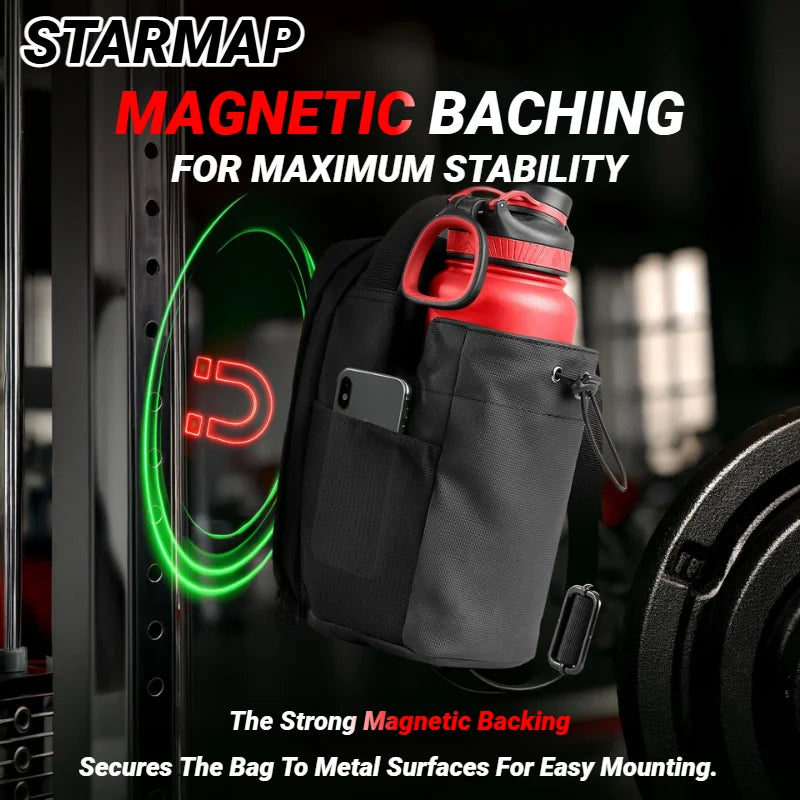 Black magnetic gym bag attached to a metal rack, holding a red water bottle and a mobile phone.