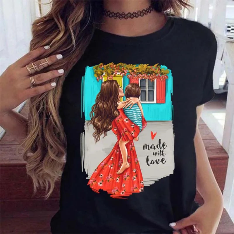Black t-shirt featuring an illustration of a mother holding her child with the text "made with love".