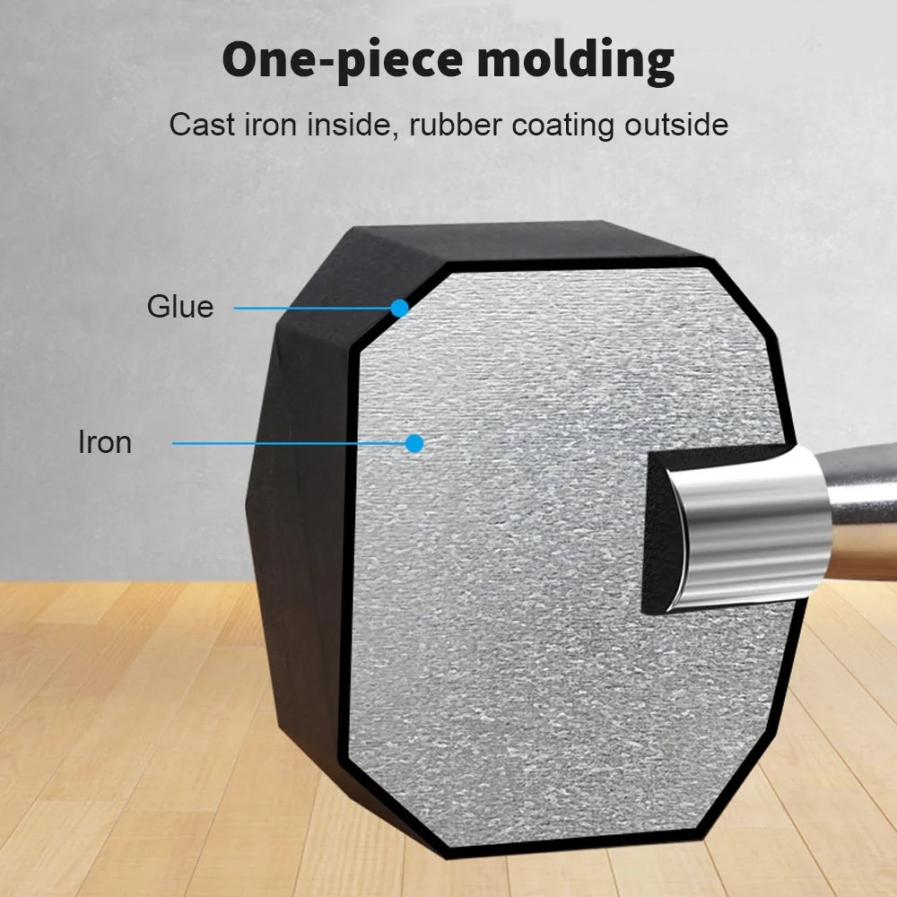Cross-section diagram of black hexagonal dumbbell showing cast iron core and rubber coating.