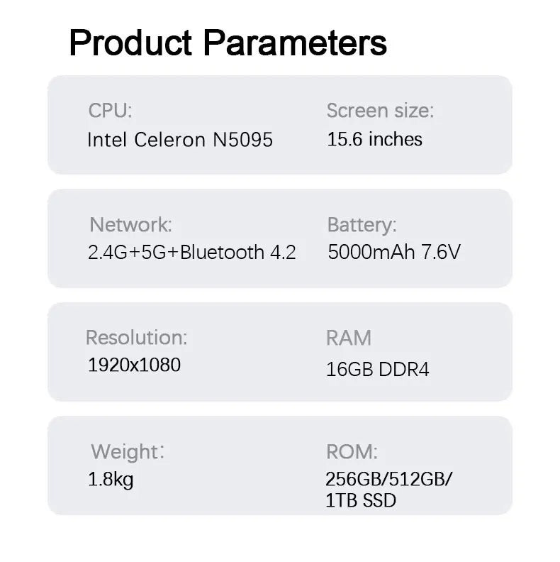 Technical specification table for a 15.6-inch laptop, detailing CPU, RAM, SSD storage, resolution, and battery capacity.