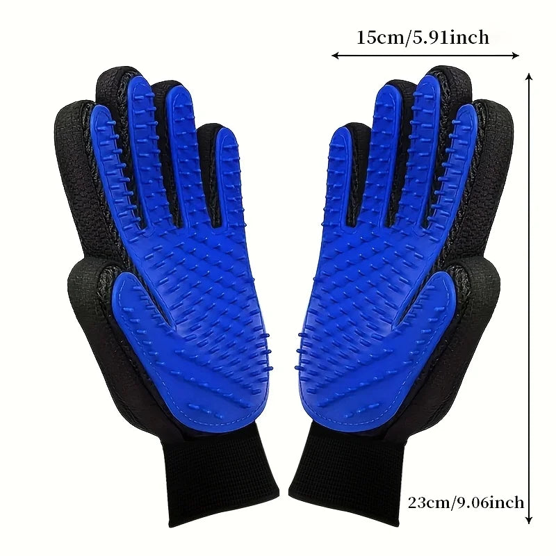 Pair of black and blue pet grooming gloves with silicone massage bristles on the palms, shown with size dimensions.