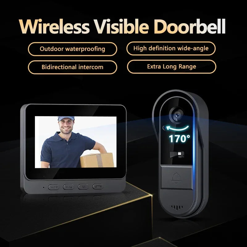 Wireless black video doorbell with a 4.3-inch screen, 170° wide-angle camera, night vision, and two-way audio.