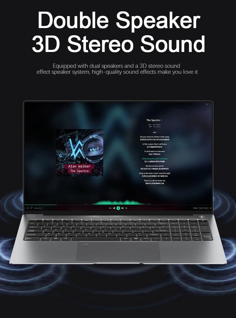 A sleek, silver 15.6-inch gaming laptop displaying music playback software, featuring dual speakers for 3D stereo sound.