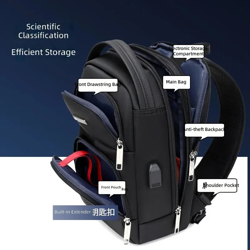 Black, waterproof anti-theft sling bag featuring multiple zip compartments, a shoulder pocket, and built-in USB port.
