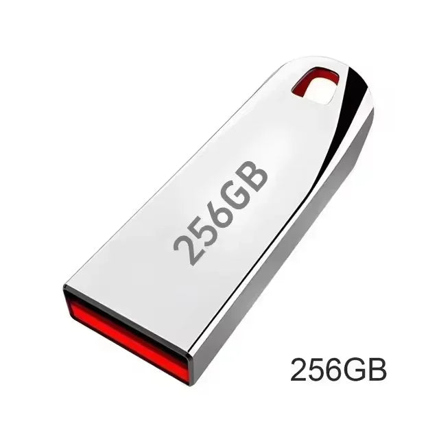 Sleek, silver-toned 256GB USB flash drive with a compact design and red interior detailing.