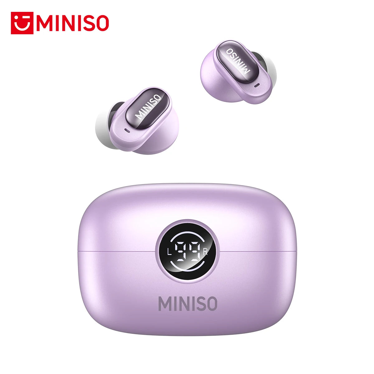 Light purple wireless earbuds with a matching charging case featuring a digital battery display.