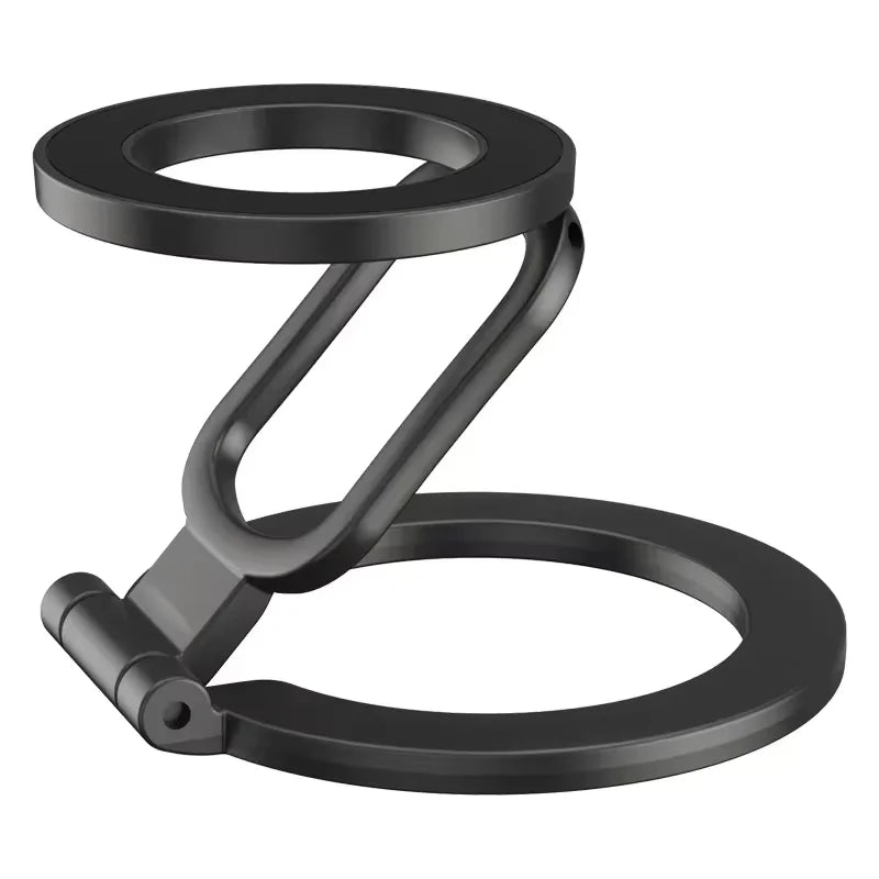 Matte black, foldable metal phone ring stand with a double-ring design and adjustable hinges.
