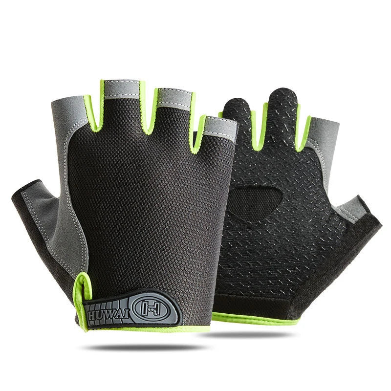 Fingerless black cycling gloves with grey accents, neon green trim, and a Huwai logo on the wrist strap.
