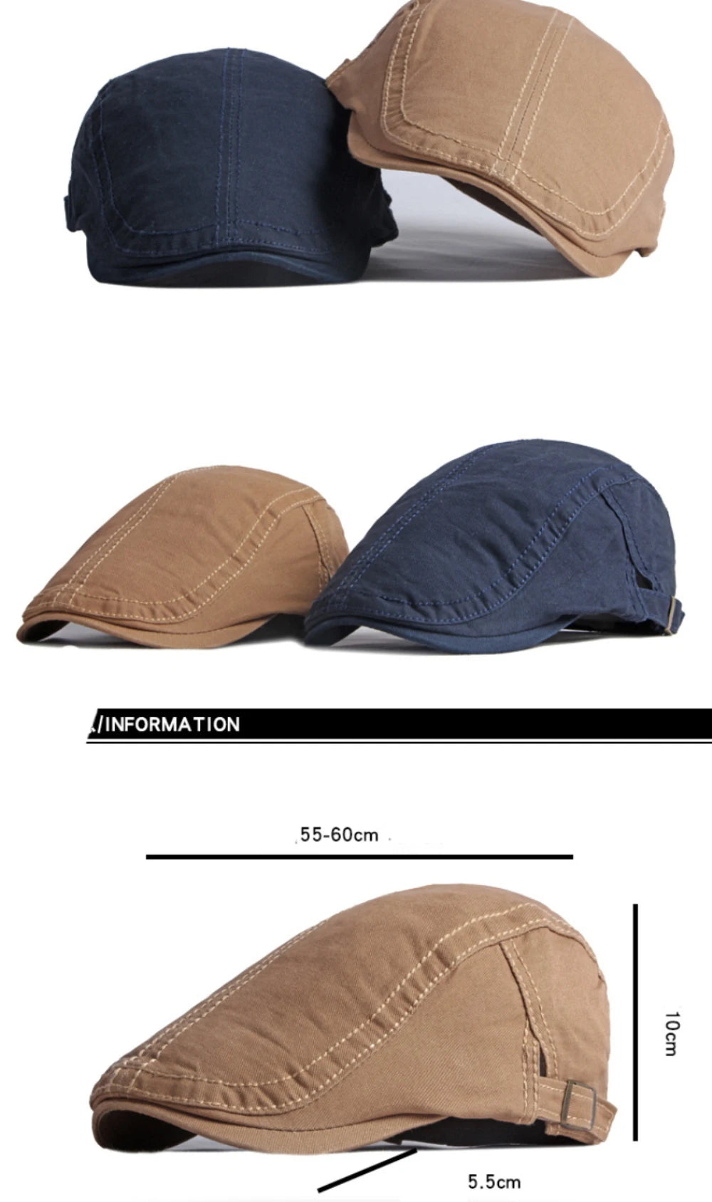 Unisex cotton flat caps in navy and khaki, featuring stitched panel detailing and an adjustable side buckle strap.