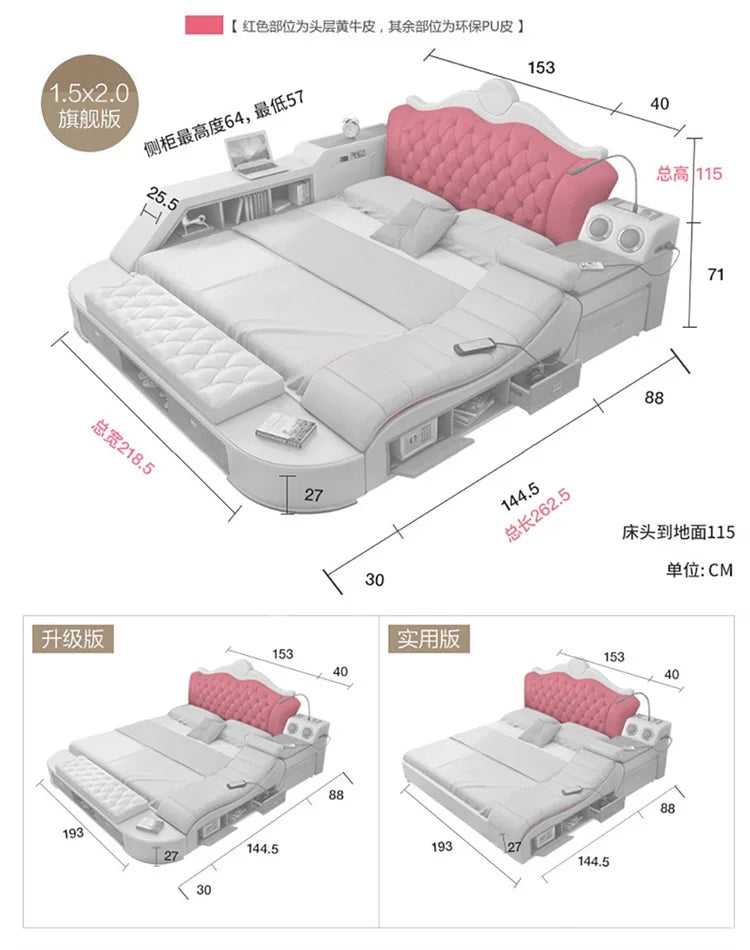 Modern white double bed with a pink button-tufted headboard, integrated side storage shelving, and built-in drawers.