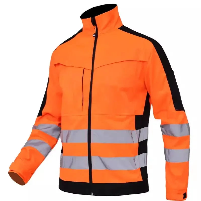 Orange and black high-visibility work jacket with reflective strips and a front zipper.