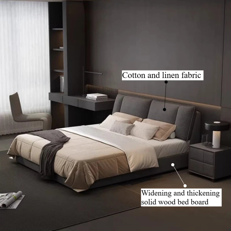 Modern dark grey upholstered double bed featuring a soft cotton-linen headboard and a sturdy solid wood base.