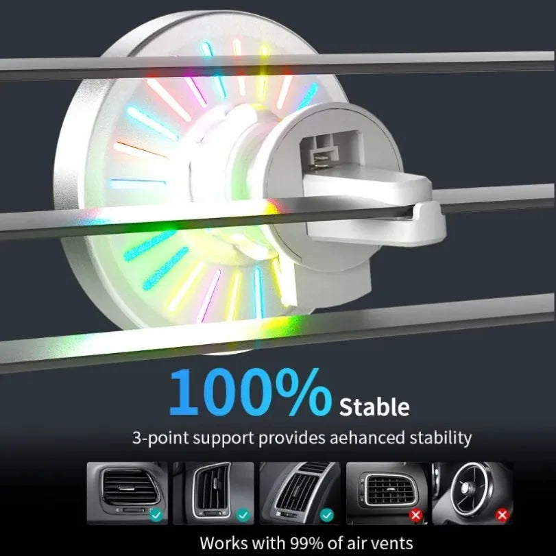 White car air vent phone mount with circular RGB LED lighting and a secure 3-point support clip mechanism.