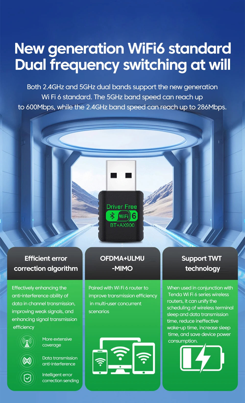 Compact black USB WiFi 6 adapter with Bluetooth and green branding, set against a futuristic digital landscape.